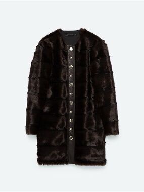 Zara Dark Brown Teddy Faux-Fur Snap-Front Coat